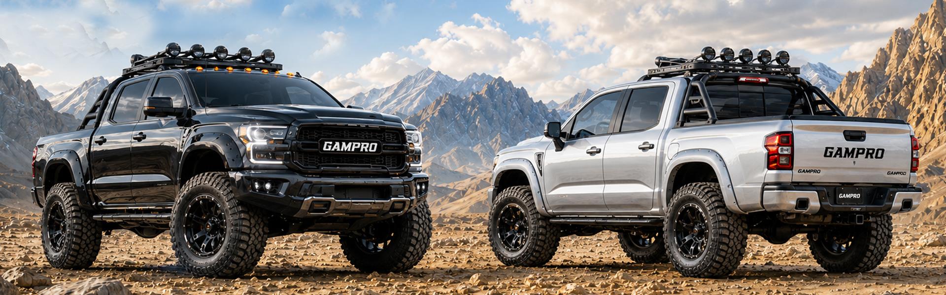 GAMPRO trucks in a mountain off-road scene