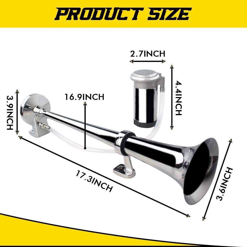 GAMPRO 12V 150dB Air Horn Kit, 18 Inch Chrome Zinc Single Trumpet Truck Horn with Compressor for Car Truck SUV Boat RV (Silver) image 4