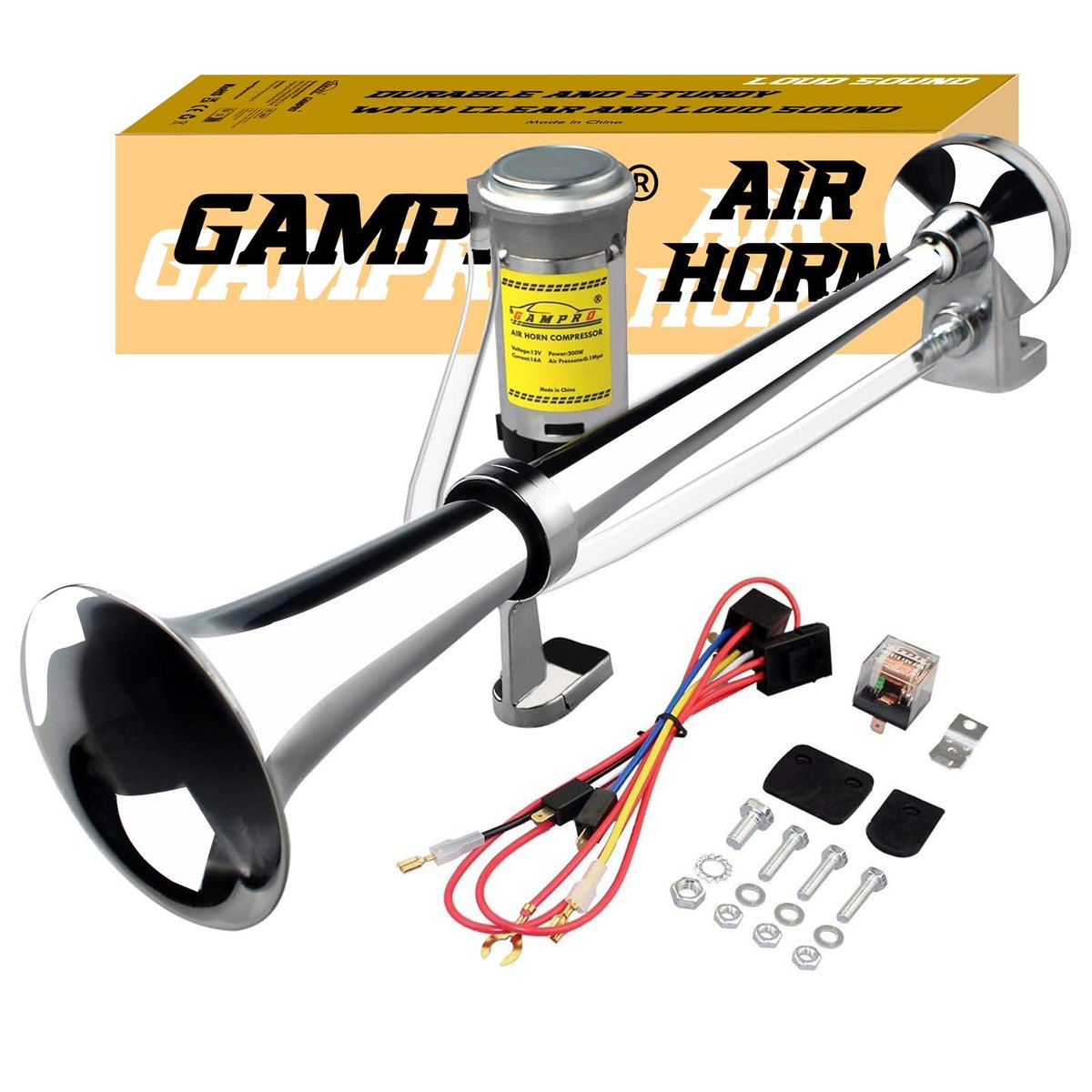 GAMPRO 12V 150dB Air Horn Kit, 18 Inch Chrome Zinc Single Trumpet Truck Horn with Compressor for Car Truck SUV Boat RV (Silver)