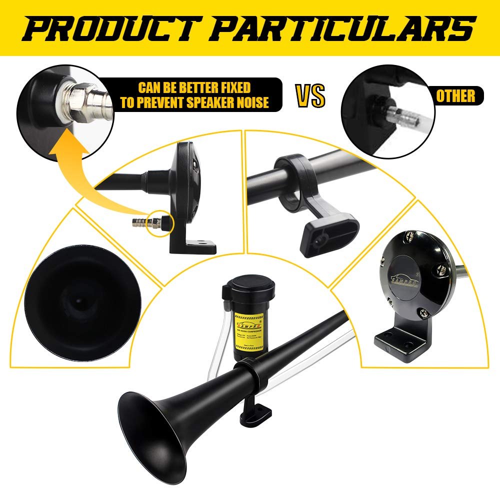 GAMPRO 12V 150dB Air Horn Kit, 18 Inch Chrome Zinc Single Trumpet Truck Horn with Compressor for Car Truck SUV Boat RV (Black) image 2
