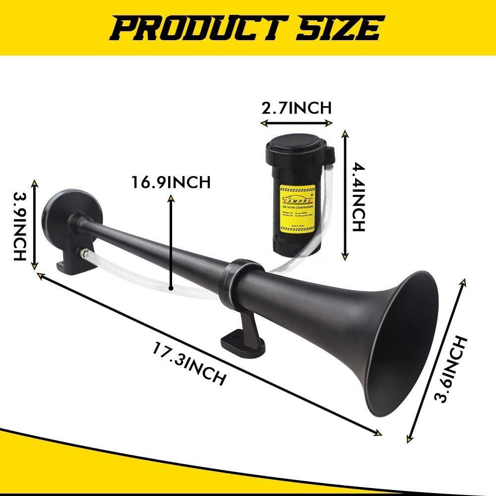 GAMPRO 12V 150dB Air Horn Kit, 18 Inch Chrome Zinc Single Trumpet Truck Horn with Compressor for Car Truck SUV Boat RV (Black) image 3