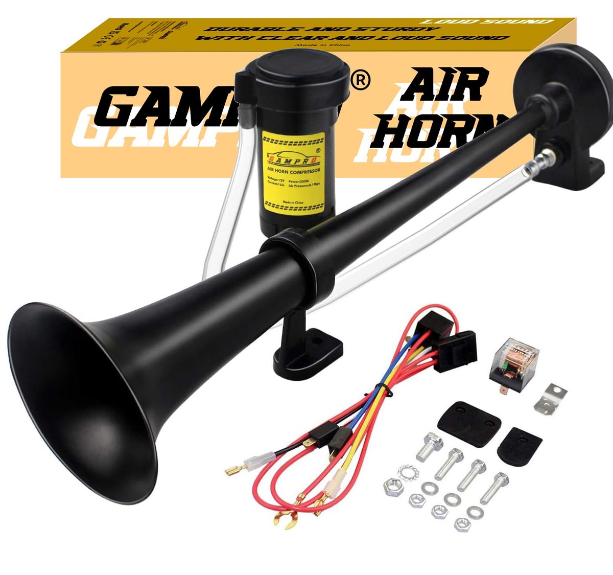 GAMPRO 12V 150dB Air Horn Kit, 18 Inch Chrome Zinc Single Trumpet Truck Horn with Compressor for Car Truck SUV Boat RV (Black)