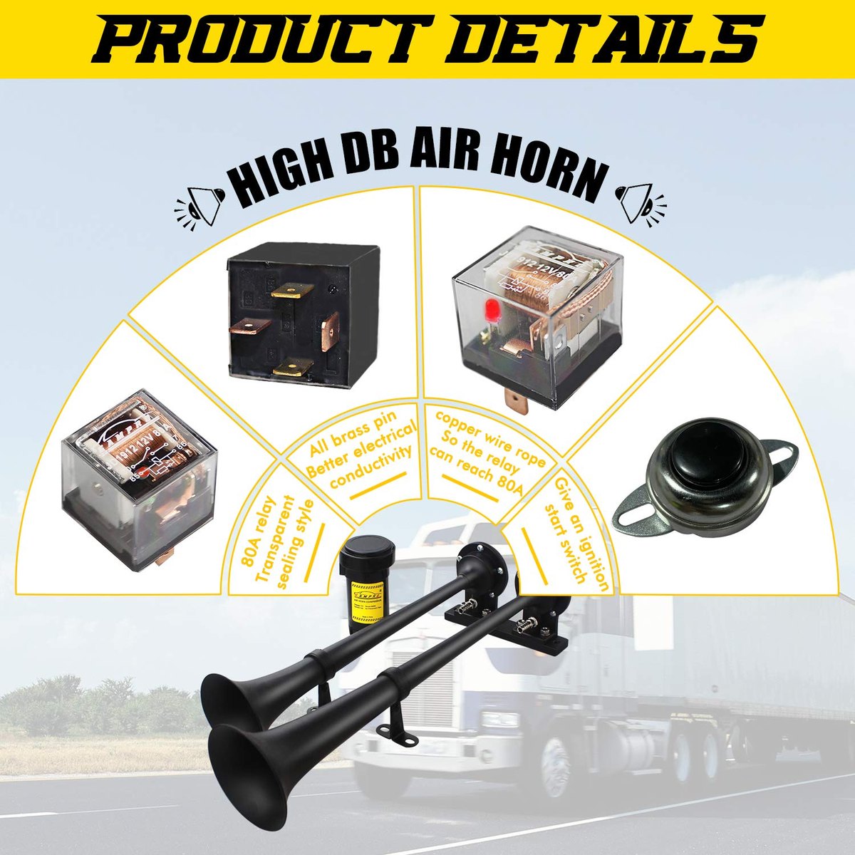 GAMPRO Dual 2-Trumpet Metal Air Horn Kit with RM5000 Air Compressor, 150dB Ultra Loud Horn image 3