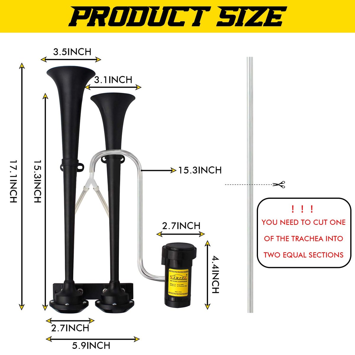 GAMPRO Dual 2-Trumpet Metal Air Horn Kit with RM5000 Air Compressor, 150dB Ultra Loud Horn image 4