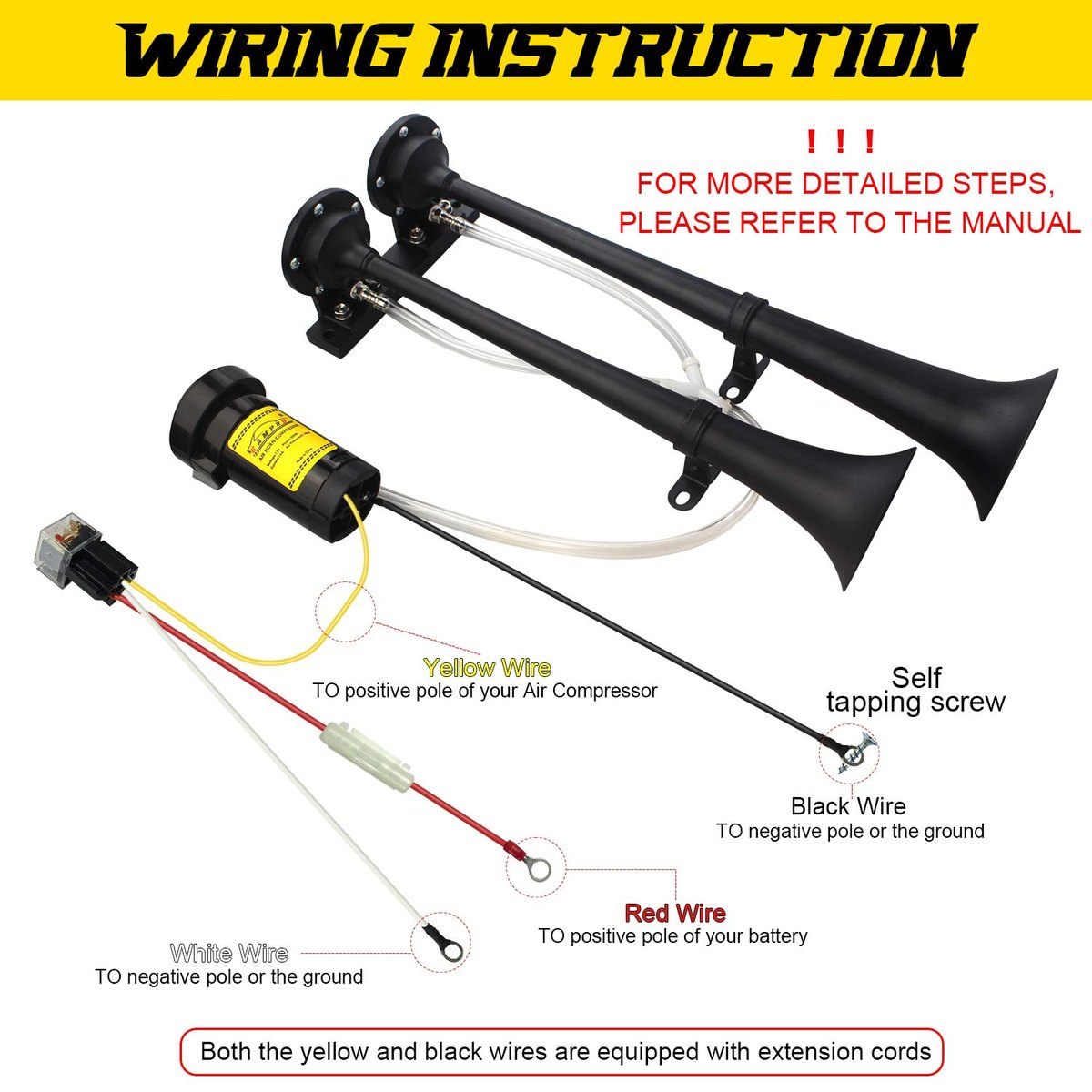 GAMPRO Dual 2-Trumpet Metal Air Horn Kit with RM5000 Air Compressor, 150dB Ultra Loud Horn image 6