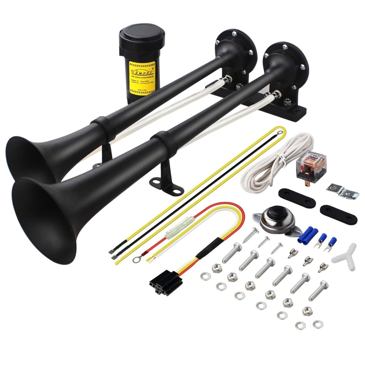 GAMPRO Dual 2-Trumpet Metal Air Horn Kit with RM5000 Air Compressor, 150dB Ultra Loud Horn
