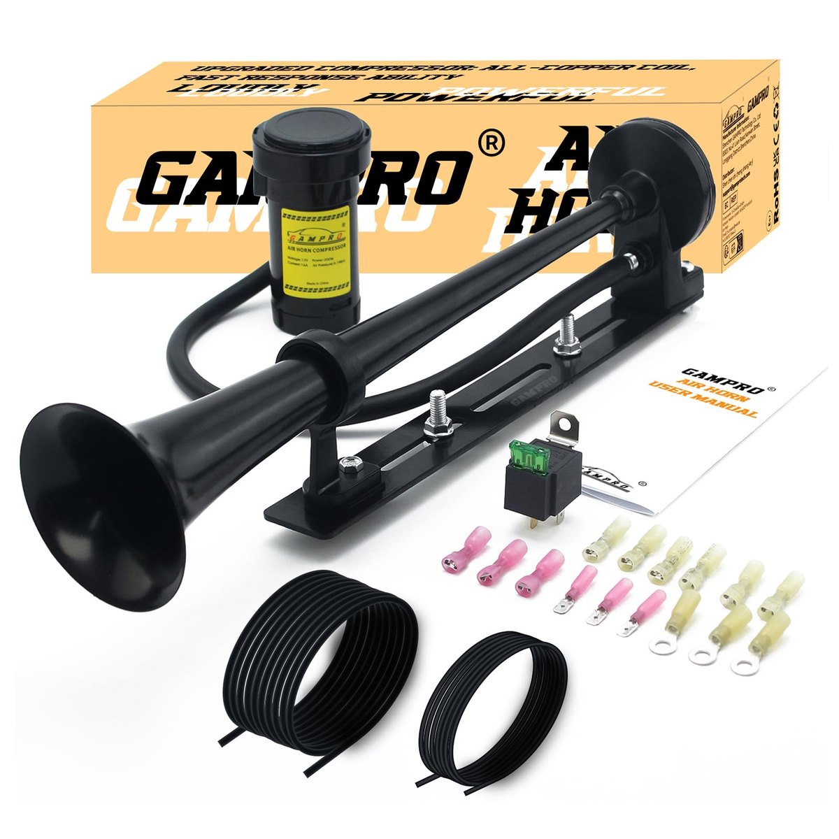 GAMPRO 12V 150dB Truck Air Horn Kit, 18 Inch Chrome Trumpet with Bracket