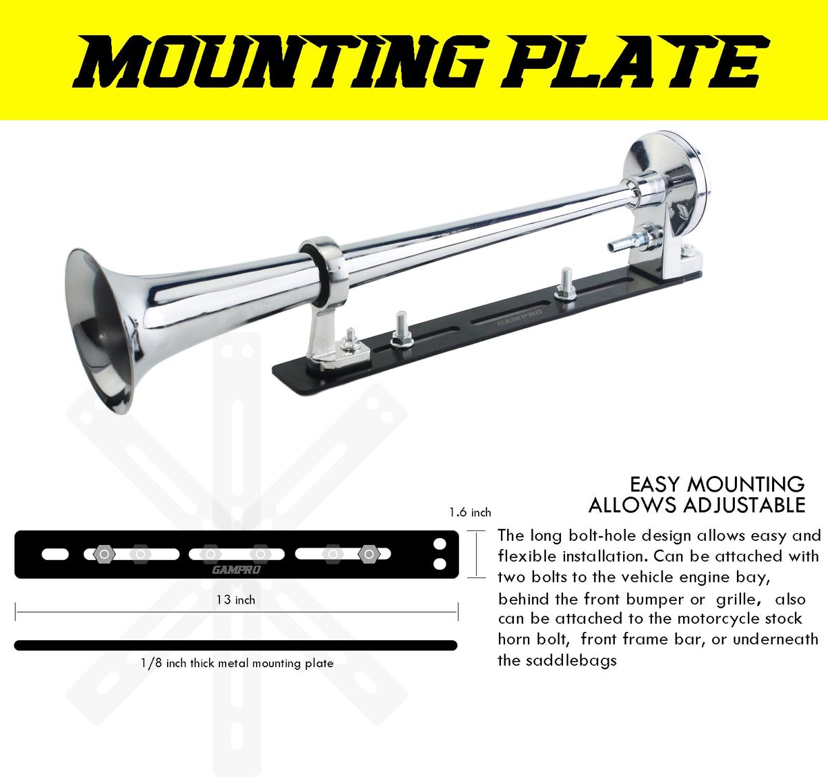 GAMPRO 12V 150dB Air Horn with Install Mounting Bracket Kit, 18 Inches Single Trumpet Truck Air Horn with Compressor Kit image 2