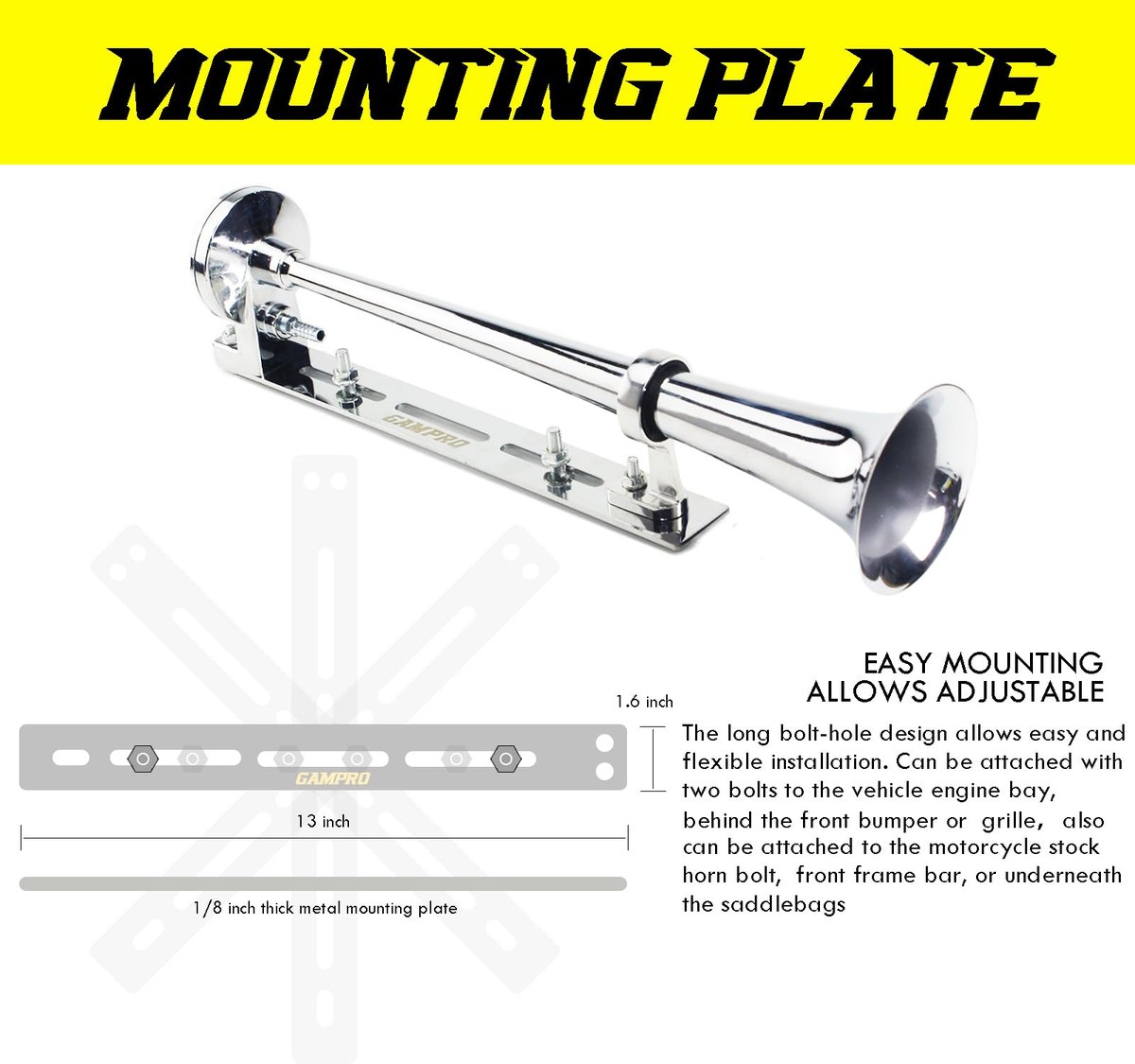 GAMPRO 12V 150dB Air Horn with Install Mounting Bracket Kit, 18 Inches Single Trumpet Truck Air Horn with Compressor Kit image 4