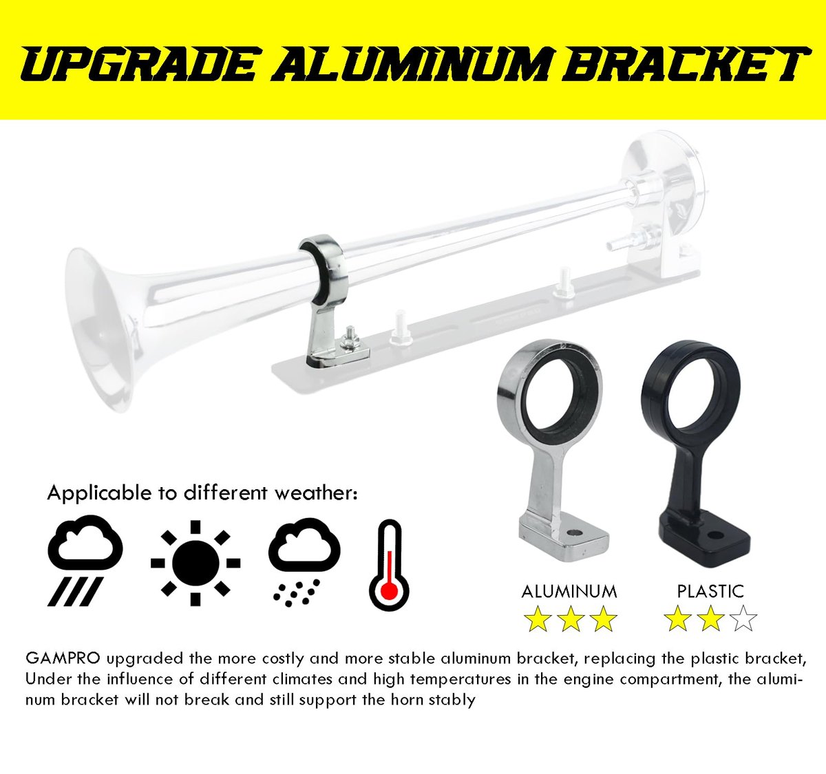 GAMPRO 12V 150dB Air Horn with Install Mounting Bracket Kit, 18 Inches Single Trumpet Truck Air Horn with Compressor Kit image 6