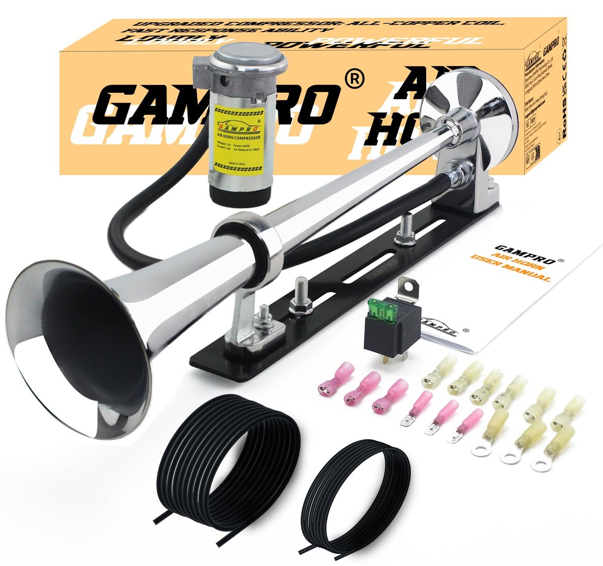 GAMPRO 12V 150dB Air Horn with Install Mounting Bracket Kit, 18 Inches Single Trumpet Truck Air Horn with Compressor Kit