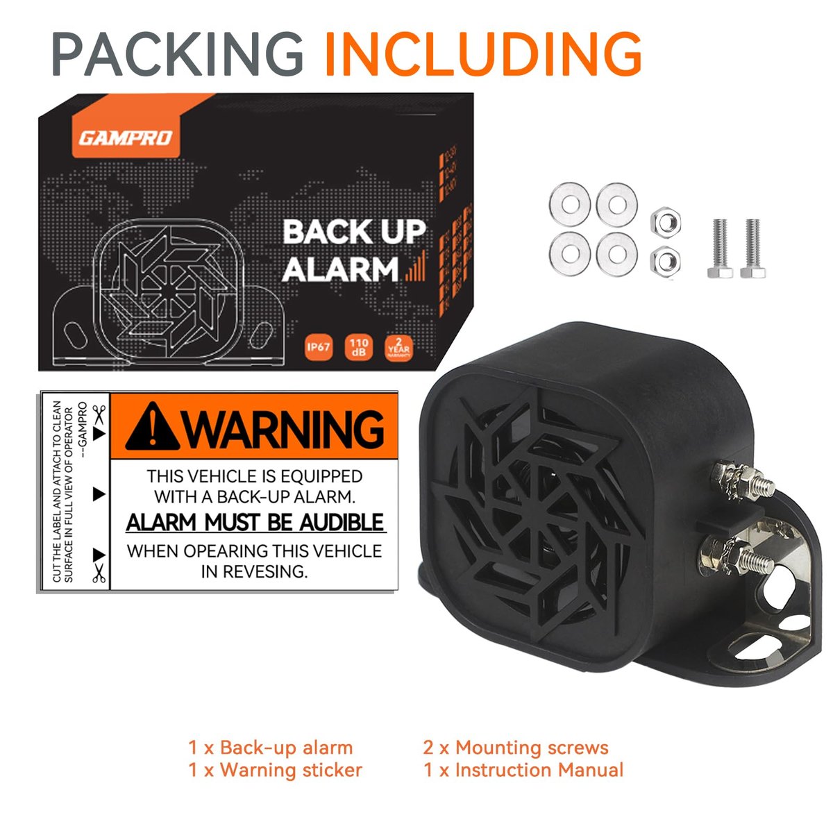 GAMPRO 12V-80V Backup Alarm with Ground Plate, 110dB Reverse Alarm for Truck image 3