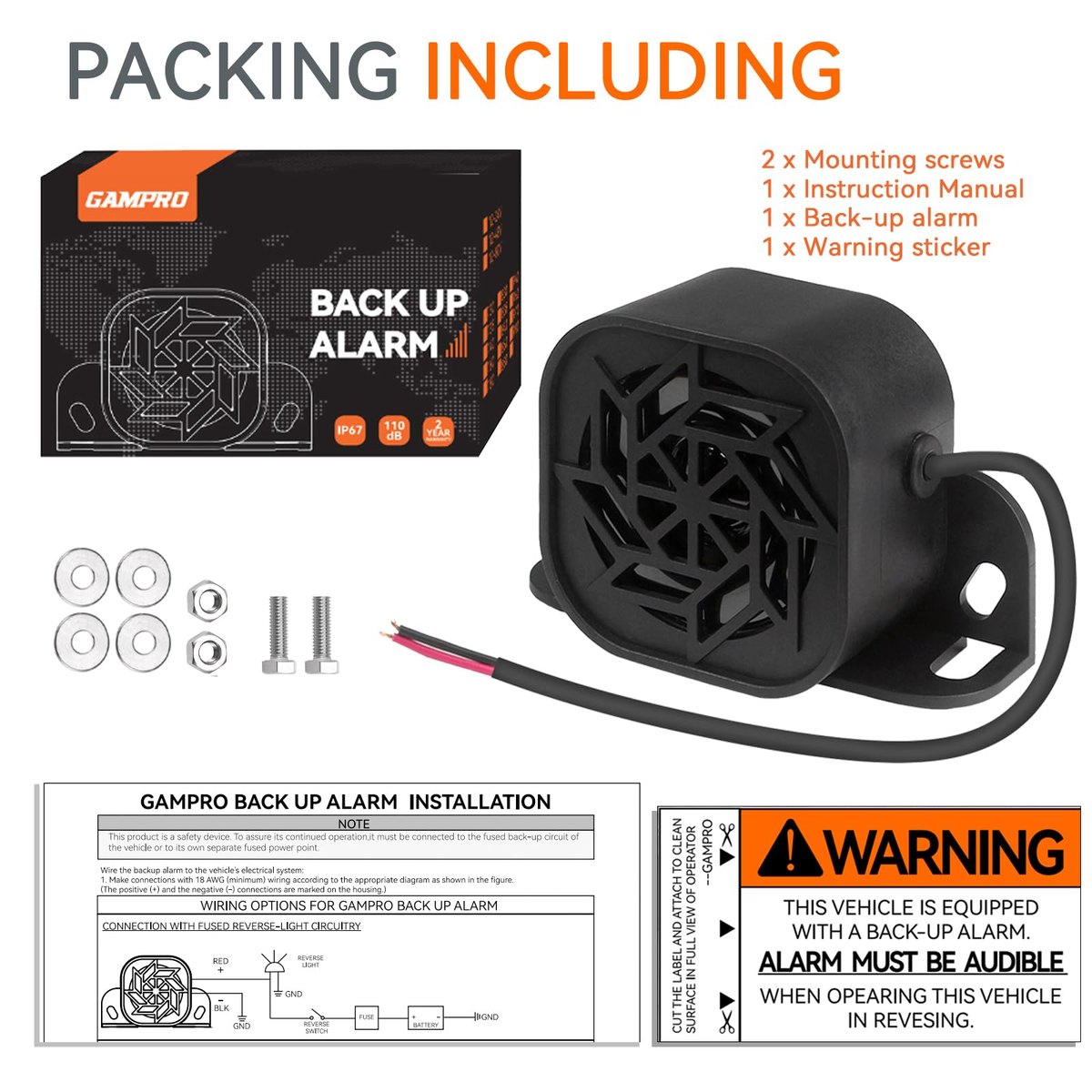 GAMPRO 12V-80V Wired Backup Alarm, 110dB Reverse Warning Alarm for Truck image 9