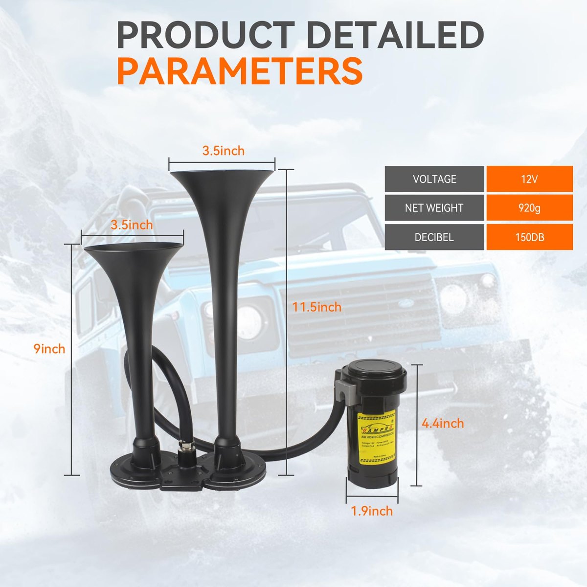 GAMPRO 12V 150dB Dual Trumpet Air Horn Kit for Truck (Black) image 2