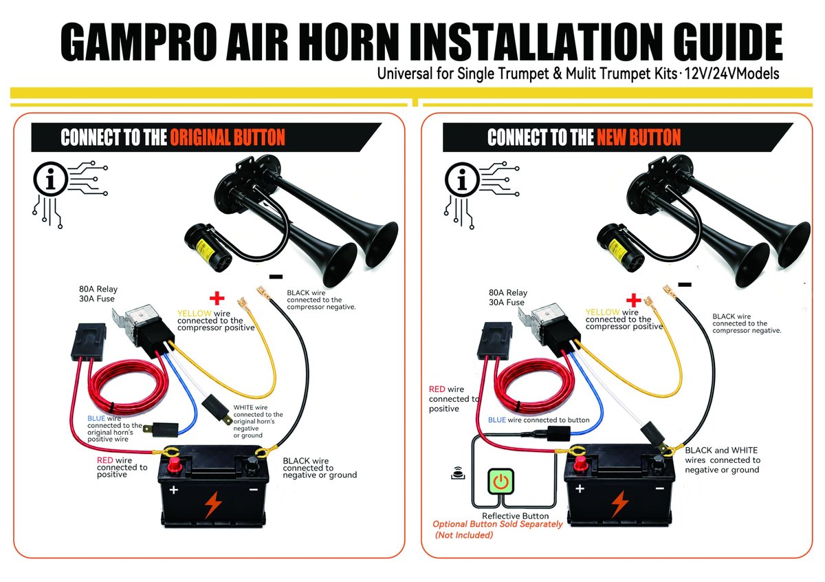 GAMPRO 12V 150dB Dual Trumpet Air Horn Kit for Truck (Black) image 6