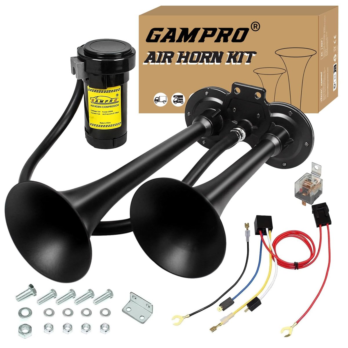 GAMPRO 12V 150dB Dual Trumpet Air Horn Kit for Truck (Black)