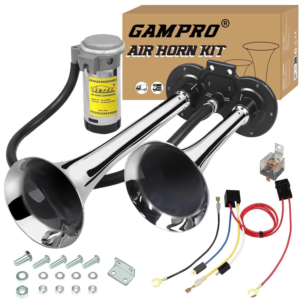 GAMPRO 12V 150dB Dual Trumpet Air Horn Kit for Truck (Silver)